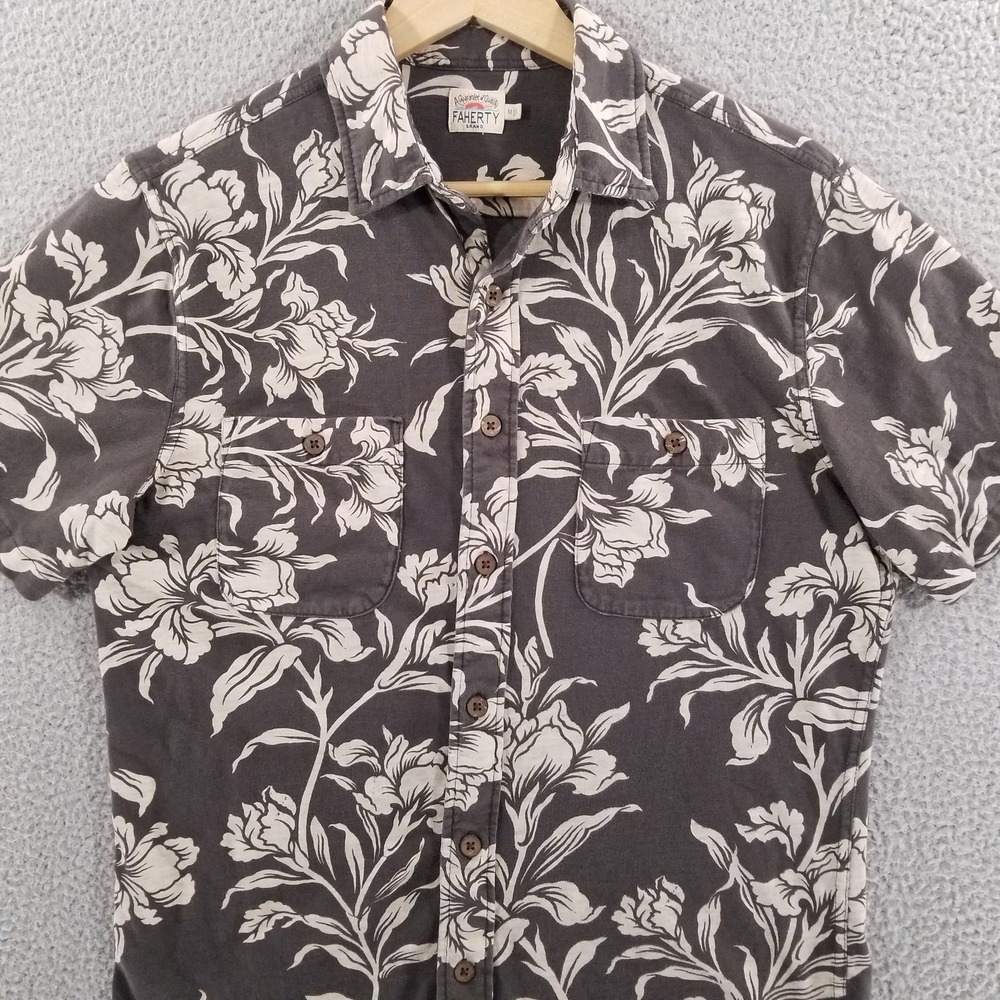 Faherty Shirt Mens Medium Knit Seasons Washed Ash Floral Hawaiian Tropical Beach